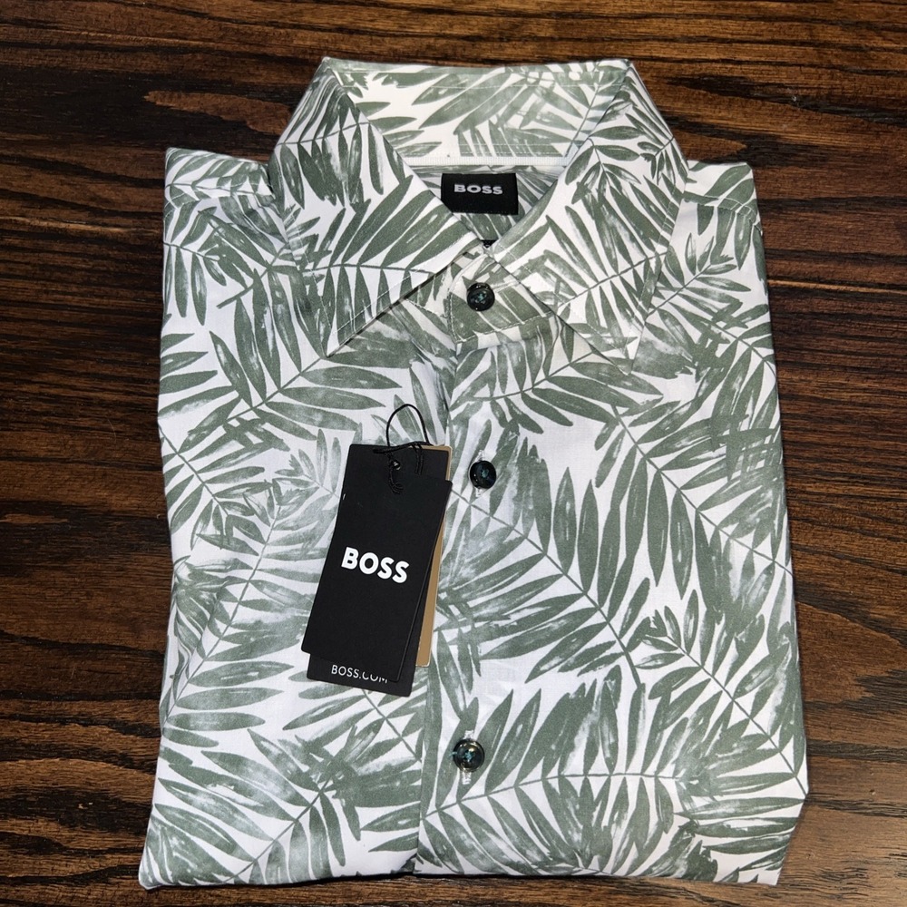 NEW Hugo Boss~14.5~Men's Hank Kent Slim Fit Leaf Print Stretch Cotton $138